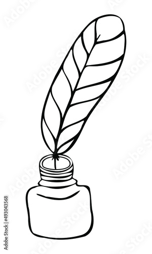 Doodle illustration of quill and inkwell in antique mood logo style