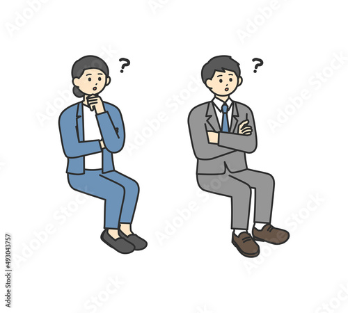 考え事をしながら座っているビジネスパーソンのイラスト素材