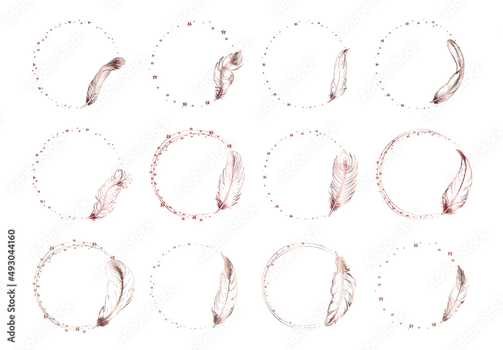 Set of beautiful feather wreath, Hand drawn boho feather frame. Vector ...