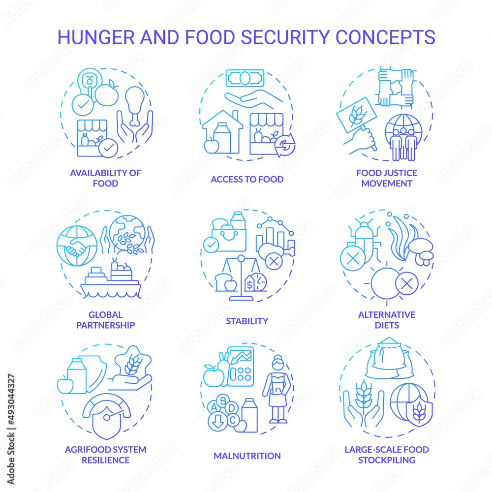 Hunger and food security blue gradient concept icons set. Food availability and accessibility idea thin line color illustrations. Isolated symbols. Roboto-Medium, Myriad Pro-Bold fonts used