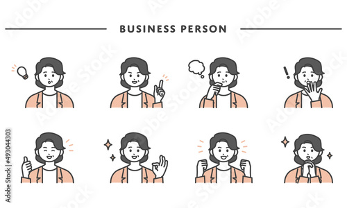 女性社員の表情とジェスチャーのイラスト素材セット