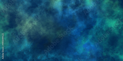 background with clouds. old vintage blue green background with distressed texture and grunge design with black border. Cosmic neon polar lights watercolor background.