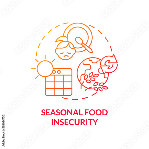 Seasonal food insecurity red gradient concept icon. Recurrent condition. Types of food insecurity abstract idea thin line illustration. Isolated outline drawing. Myriad Pro-Bold fonts used