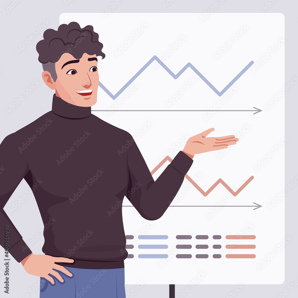 Young handsome businessman portrait, presentation bar graph line report. Office man, business smart guy, black turtleneck sweater outfit, social media profile picture. Vector flat style illustration Young handsome businessman portrait, presentation bar graph line report. Office man, business smart guy, black turtleneck sweater outfit, social media profile picture. Vector flat style illustration