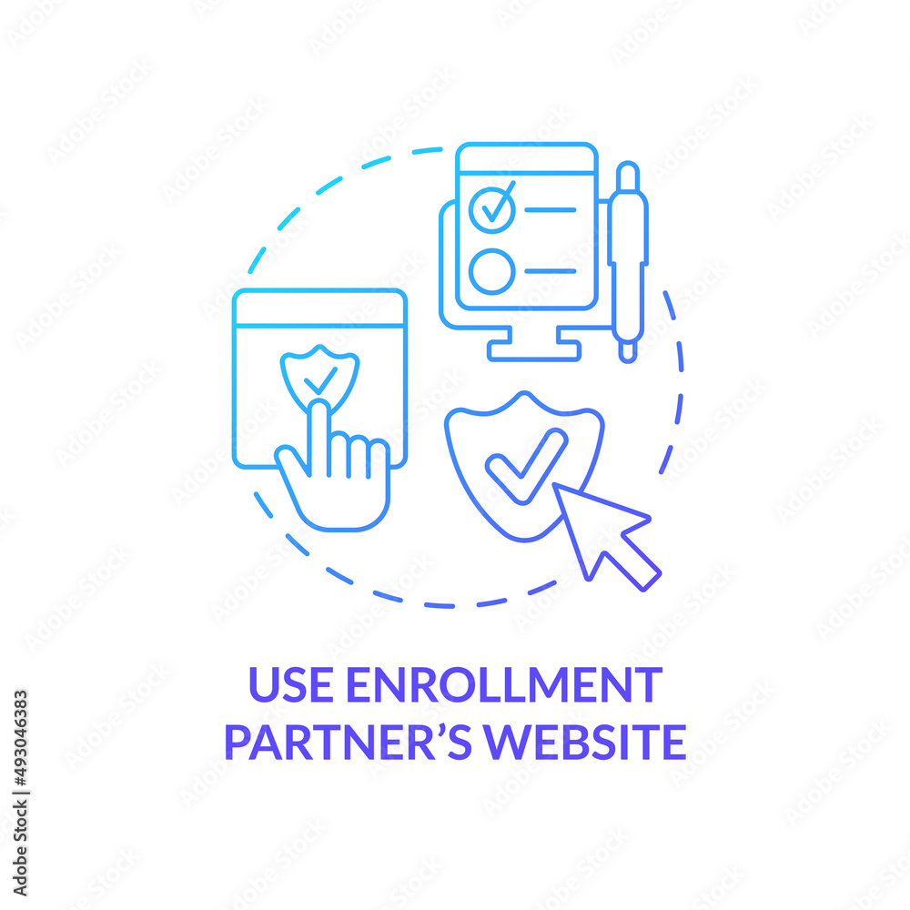 Use enrollment partner website blue gradient concept icon. Online service. Applying for insurance way abstract idea thin line illustration. Isolated outline drawing. Myriad Pro-Bold font used Use enrollment partner website blue gradient concept icon. Online service. Applying for insurance way abstract idea thin line illustration. Isolated outline drawing. Myriad Pro-Bold font used