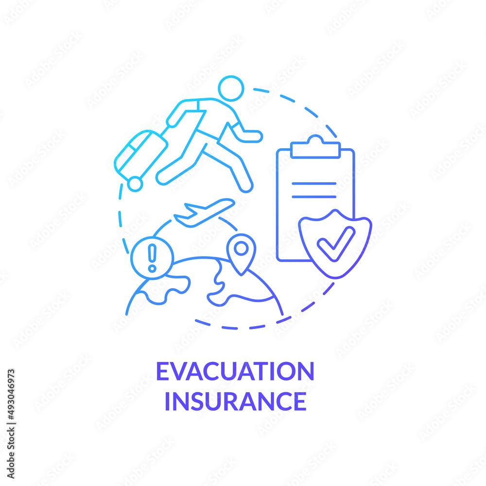 Evacuation insurance blue gradient concept icon. Trip safety. Types of travel financial protection abstract idea thin line illustration. Isolated outline drawing. Myriad Pro-Bold font used
