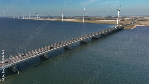 Overhead drone view on the Ketelbrug with the A6 highway. The bridge is located between the Ketelmeer and Ijsselmeer in Flevoland, The Netherlands photo