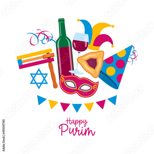 Happy Purim greeting card with grogger, hamantash pastry, red wine and carnival mask icon vector. Happy Jewish holiday Purim design element isolated on a white background. Important day