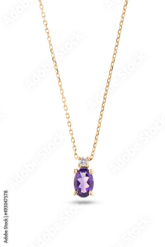 Gold necklace with diamonds and amethyst, isolated on white