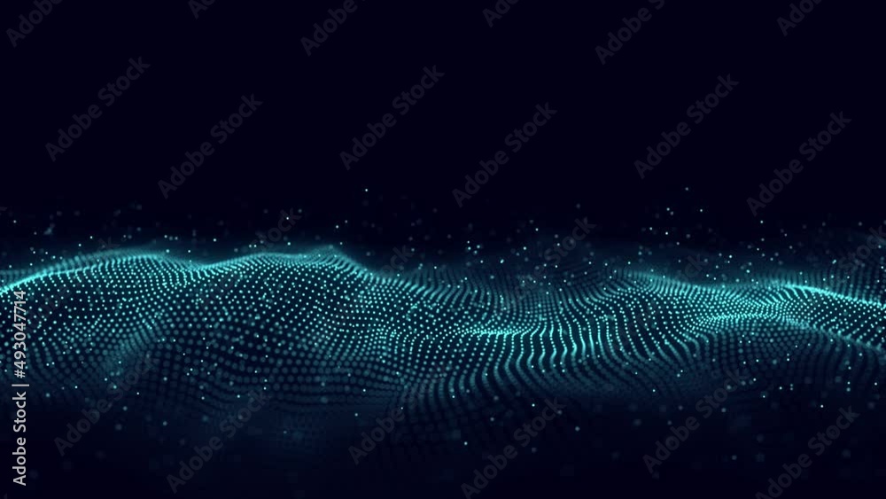 Abstract technology wave with flying particles. Big data visualization. Dark background with motion dots. Artificial intelligence. 3d rendering.