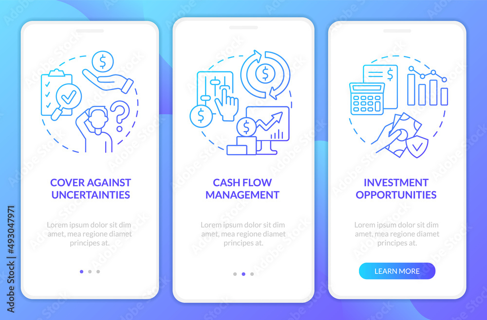 Benefits of insurance service blue gradient onboarding mobile app screen. Walkthrough 3 steps graphic instructions pages with linear concepts. UI, UX, GUI template. Myriad Pro-Bold, Regular fonts used