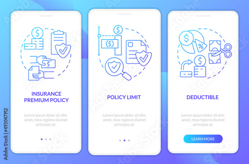 Insurance components blue gradient onboarding mobile app screen. Cover walkthrough 3 steps graphic instructions pages with linear concepts. UI, UX, GUI template. Myriad Pro-Bold, Regular fonts used