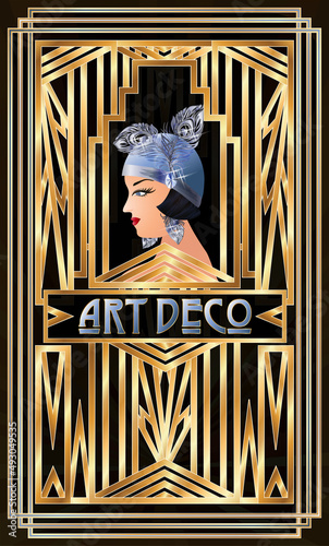 Art Deco  greeting card with flapper girl, vector illustration