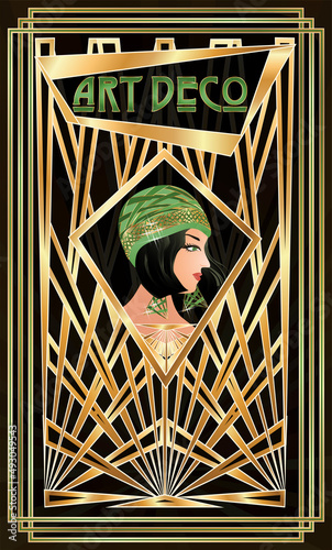 Art Deco vip invitation card with flapper girl, vector illustration