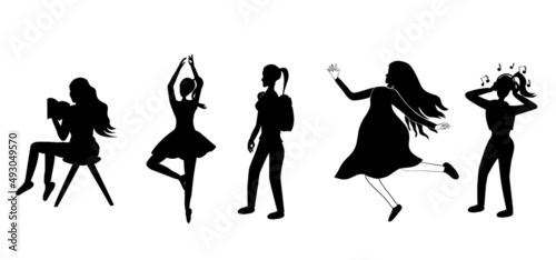 Different teenage girl silhouettes drawing pattern. Black Sketch teenage girl motions on white background. 