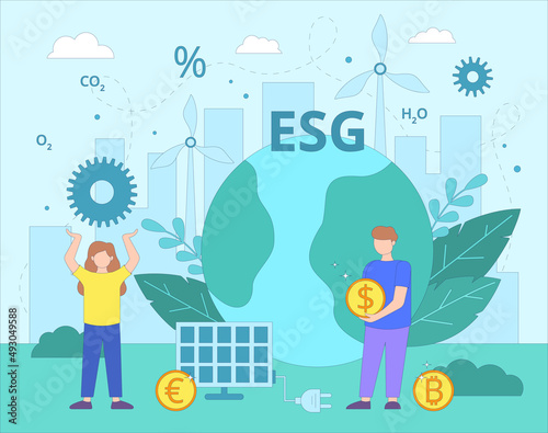 ESG environmental business concept. Concern for the ecological state of the planet. Renewable energy, sustainable industry with wind turbines and solar panels. Modern flat vector illustration. 