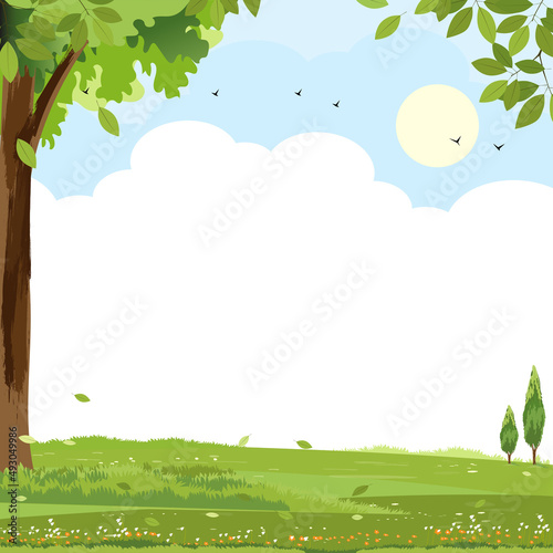 Spring nature landscape with flying birds,cloud, blue sky over green field with trees and leave on boarder. Vector Scenery background, Summer rural or Spring meadow with wild flower,Easter banner