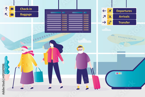 People in protective masks go to boarding airplane. Design interior airport lobby. Indicative signs and scoreboard with departures