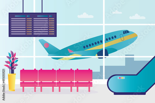 Airport lobby interior design. Electronic scoreboard with schedule of arrivals and departures of aircraft