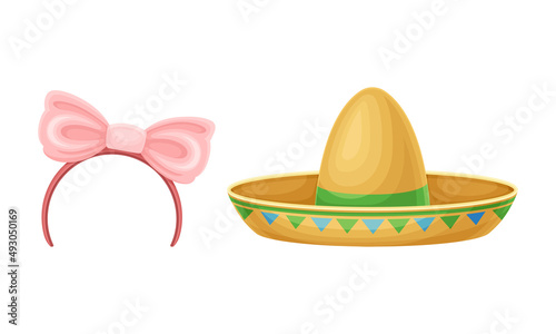 Carnival or masquerade party objects set. Mexican sombrero hat and headband with bow cartoon vector illustration
