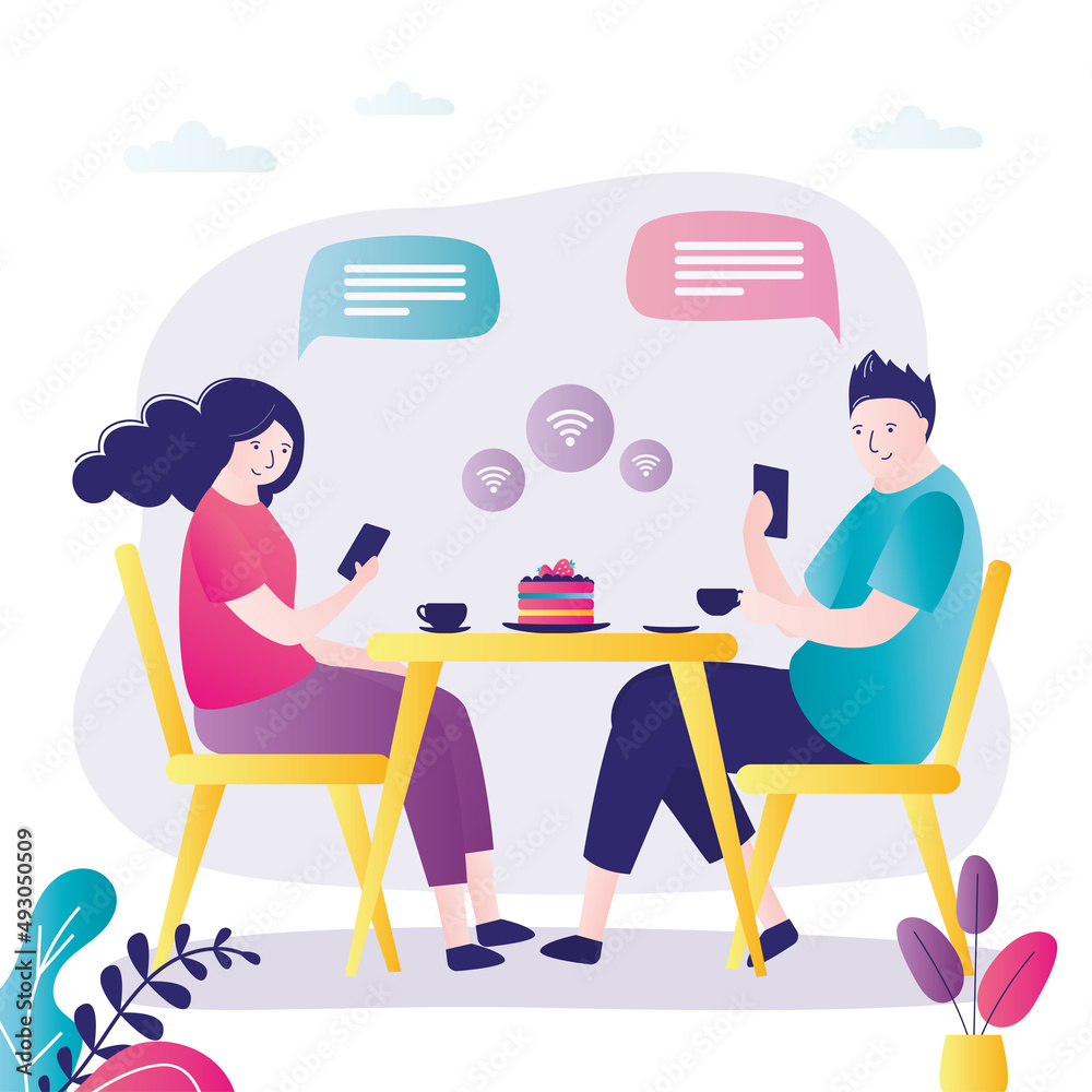 Friends in cafe do not eat and talk, but use smartphones. Digital addiction. Love couple with gadgets. Female and male characters uses cellphones. Cyber and social media addiction.