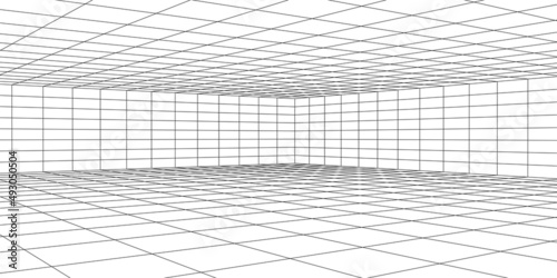 Wireframe room on the white background. Vector perspective grid. Box with digital space.
