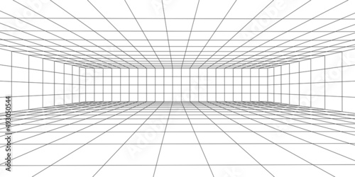 Wireframe room on the white background. Vector perspective grid. Box with digital space.