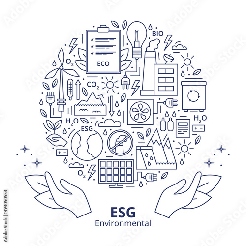 Set of ESG, ECO, BIO icons. ESG environmental criteria, icons arranged in a circle shape with a header at the bottom. Template. Vector illustration isolated on a white background.