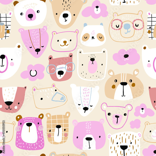 Fototapeta Naklejka Na Ścianę i Meble -  Creative childish pattern with cute pink bears, clouds, pandas. Modern seamless texture for wallpaper, bedding, textile. Vector illustration