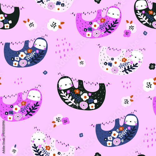Seamless pattern with cute floral sloths. Creative kids texture. Great for fabric, textile Vector Illustration