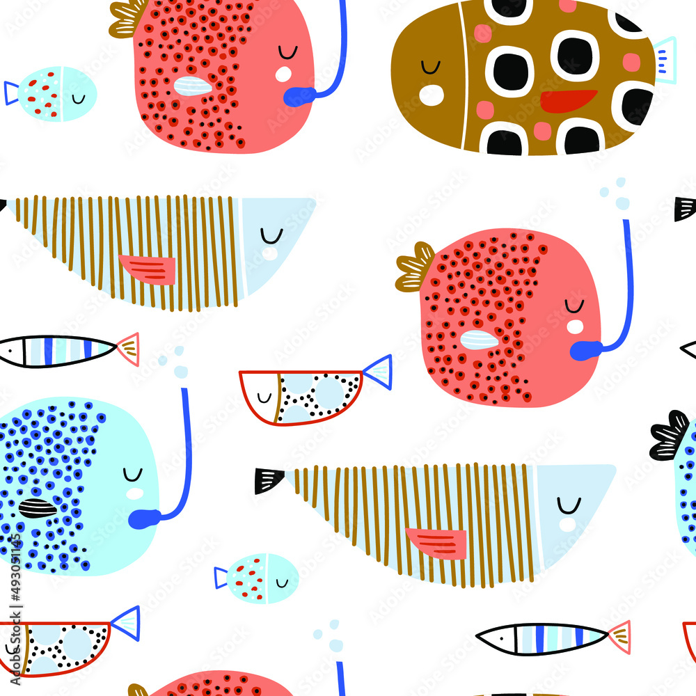 Seamless pattern with cartoon funny fish. Childish marine texture for fabric, textile. Vector background Seamless pattern with cartoon funny fish. Childish marine texture for fabric, textile. Vector background
