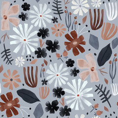 Stickers Bloemenmotief patronen Schattige katjes tussen handgetekende bloemen  © solodkayamari