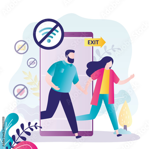 Love couple running away from digital addiction. Family runs out of smartphone screen to exit. Digital detox. Freedom from Internet and social networks. Users without wi-fi and 4g.