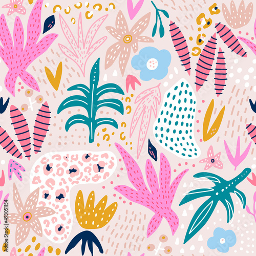 Seamless abstract florals jungle pattern. Wild animal print. Summer hand drawn creative texture. Vector illustration
