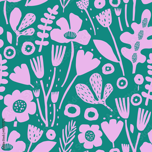Seamless floral  pattern with leaves and cutout flowers. Jungle green and lilac summer background. Perfect for fabric design, wallpaper, apparel. Vector illustration