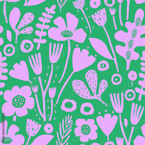 Seamless floral pattern with leaves and cutout flowers. Jungle green and lilac summer background. Perfect for fabric design, wallpaper, apparel. Vector illustration