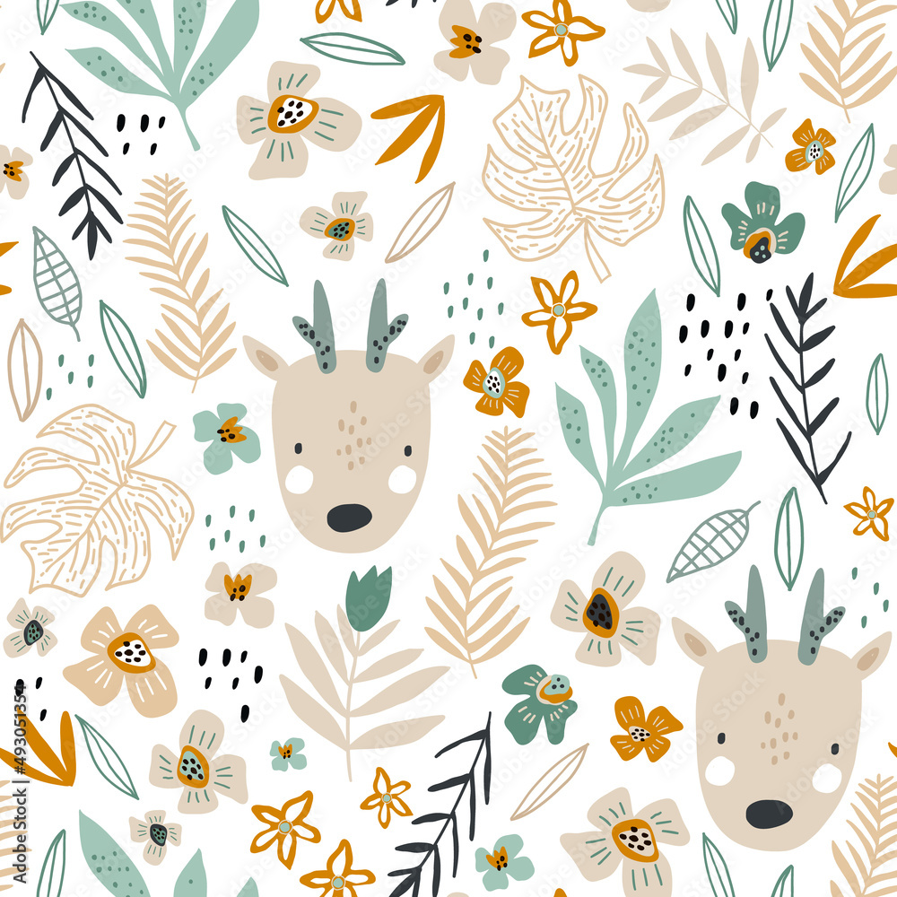 Seamless pattern with cute deers, floral elements. Perfect for kids apparel,fabric, textile, nursery decoration,wrapping paper.Vector Illustration