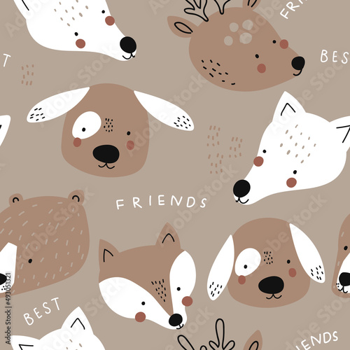 Seamless childish pattern cartoon with bear, deer, dog, wolf. Perfect for fabric,textile. Creative Vector background