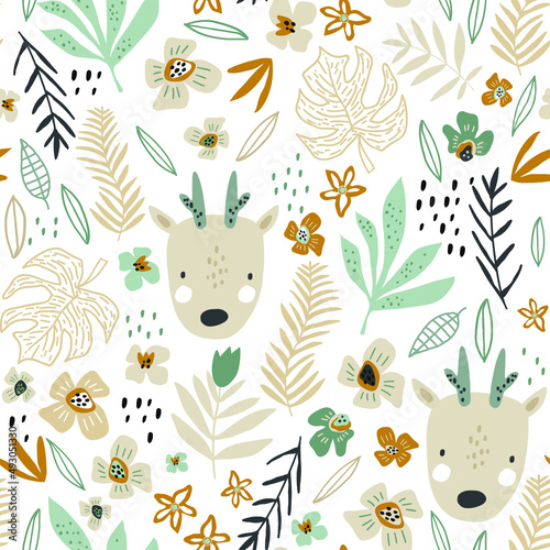 Seamless pattern with cute deers, floral elements. Perfect for kids apparel,fabric, textile, nursery decoration,wrapping paper.Vector Illustration