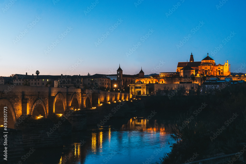 Sunset panoramic view of the Cathedral Mosque and the roman bridge of Cordoba, Andalusia Spain.
