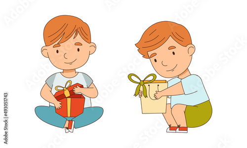 Cute little boys opening gift boxes decorated with ribbon bow cartoon vector illustration