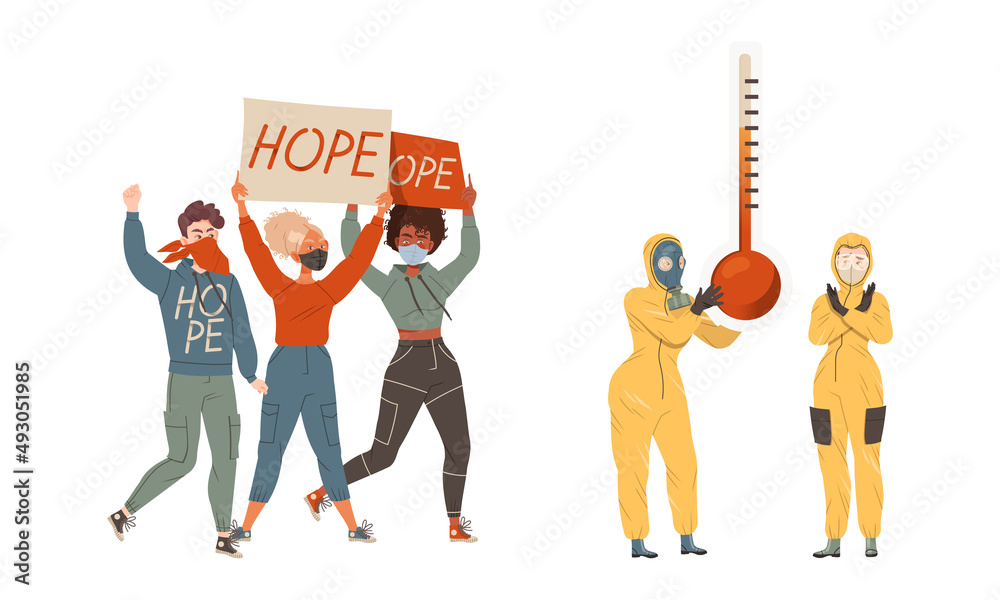 Obraz premium People ecological protestors protesting against climate change. Demonstration against global warming vector illustration