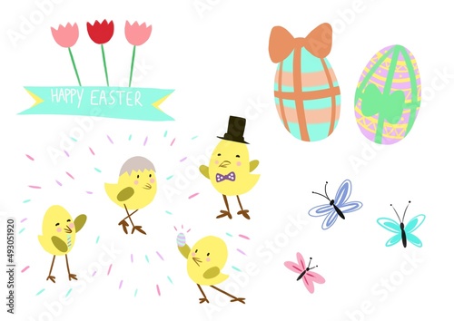 Packs d'illustration pour Pâques : petits poussins, œufs de Pâques, papillons, printemps.  © Marine