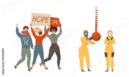 People ecological protestors protesting against climate change. Demonstration against global warming vector illustration