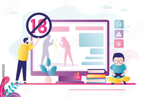 Father holds warning label. Parental control for gaming. Age restriction. Child want to play video games. 18 plus game or content. Prohibition sign. Ban for adult games on console.