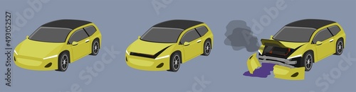 Cartoon vector or illustration. Status of the yellow EV car from normal car To the car was slightly damaged. until the car was severely damaged Damage the entire front with smoke.