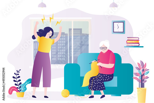 Concept of family violence, bad relations between relatives. Adult daughter yells at elderly mother. Female character scream at grandmother. Angry woman arguing with old relative.