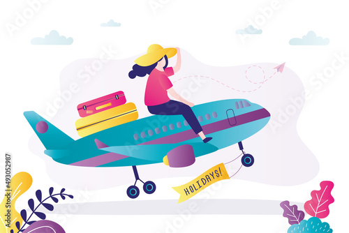 Female character takes off on an airplane journey. Woman holding beach hat takes off on plane into sky. Promotion banner