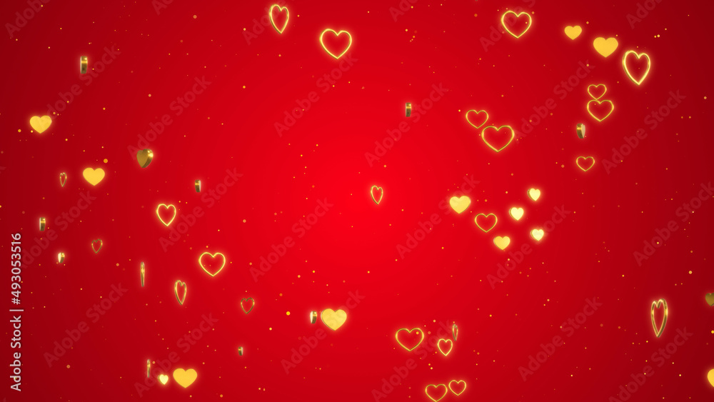 3d valentine's day and love background,  golden hearts flying on red gradient