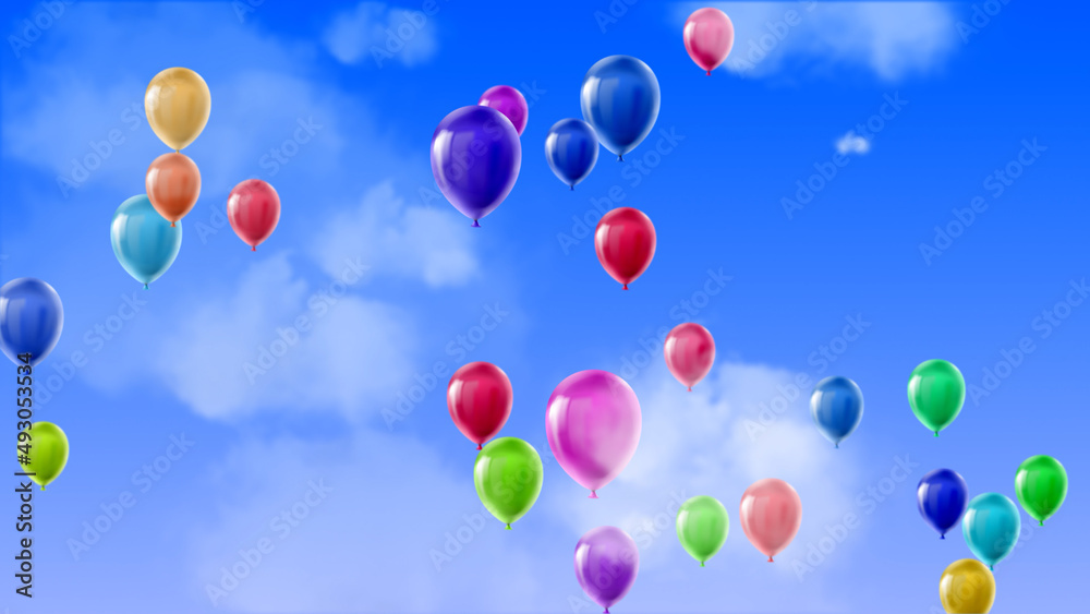 colorful balloons flying wallpaper, birthday and celebration, cloudy blue sky